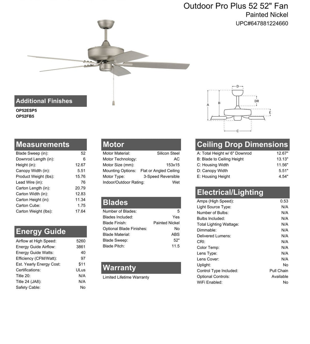 CRAFTMADE 52" Outdoor Pro Plus 52 in Painted Nickel w/ Painted Nickel Blades