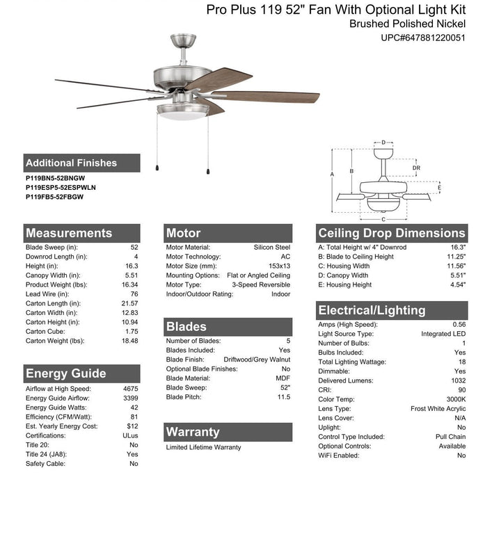 CRAFTMADE 52" Pro Plus 119 in Brushed Polished Nickel w/ Driftwood/Grey Walnut Blades