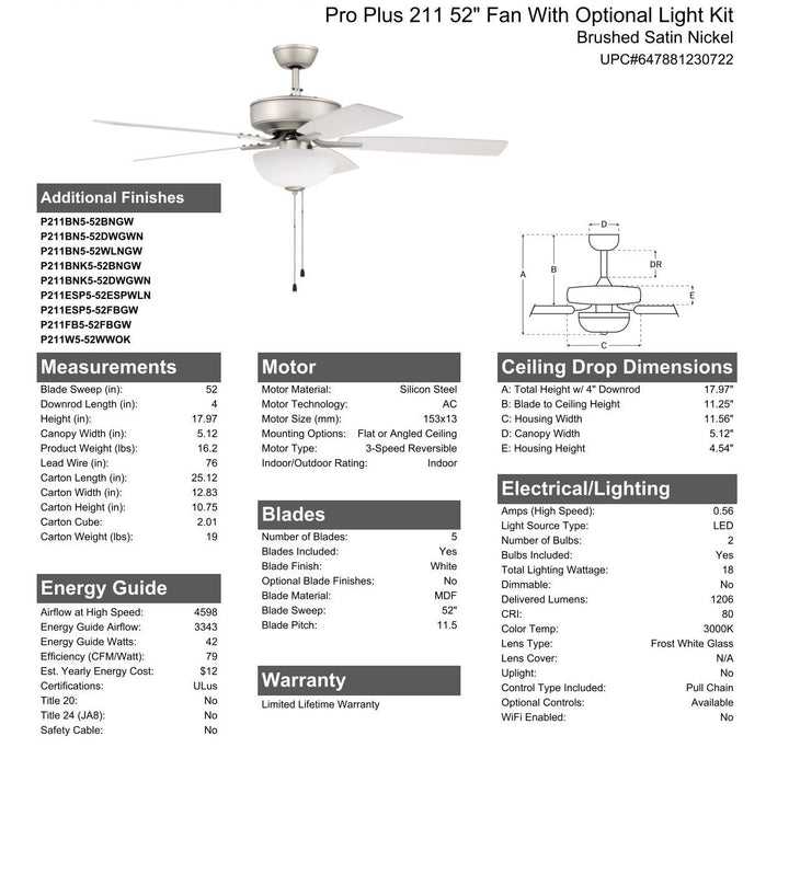 CRAFTMADE 52" Pro Plus 211 in Brushed Satin Nickel w/ Walnut/Greywood Blades