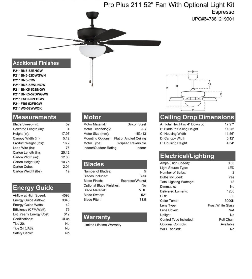 CRAFTMADE 52" Pro Plus 211 in Espresso w/ Espresso/Walnut Blades