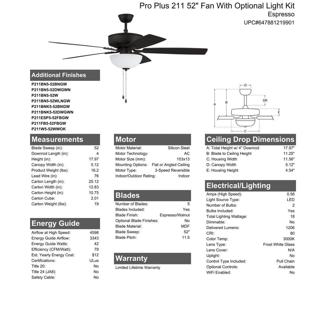 52" Pro Plus 211 in Espresso w/ Espresso/Walnut Blades CRAFTMADE