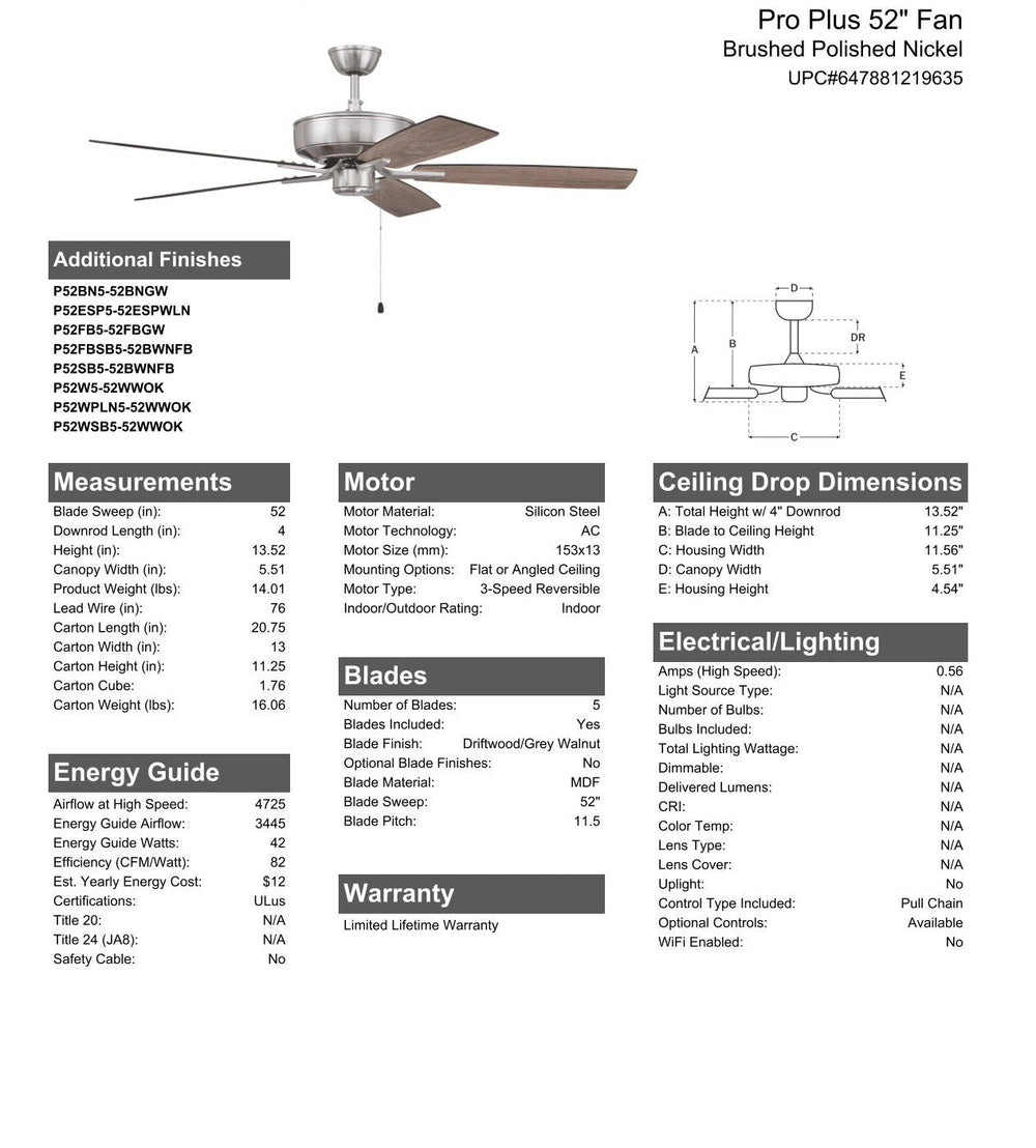 CRAFTMADE 52" Pro Plus Fan in Brushed Polished Nickel w/ Driftwood/Grey Walnut Blades