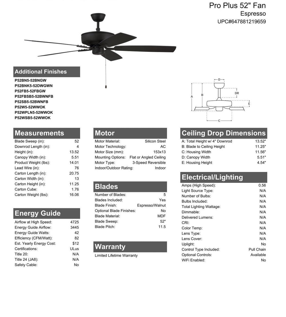 CRAFTMADE 52" Pro Plus in Espresso w/ Espresso/Walnut Blades