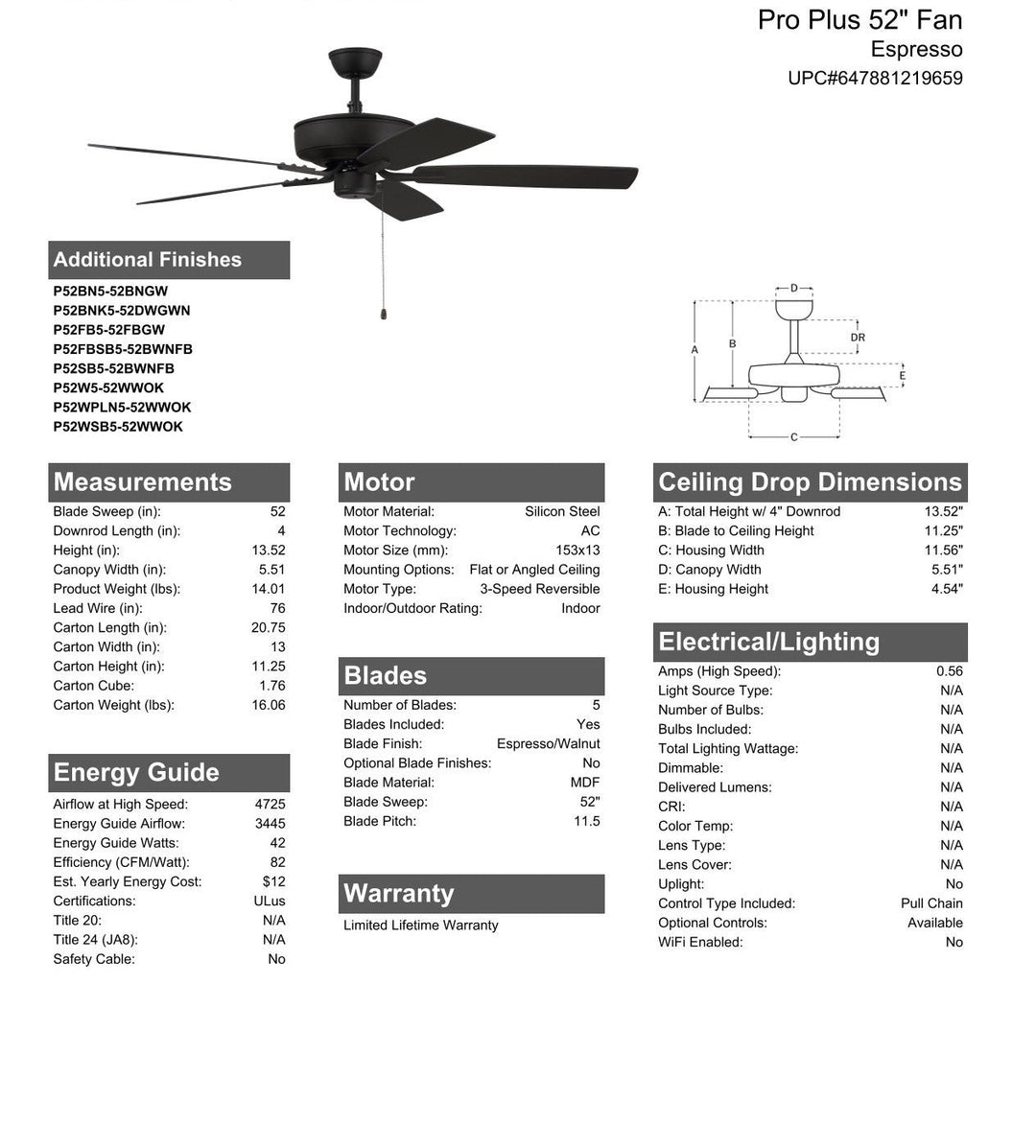 CRAFTMADE 52" Pro Plus in Espresso w/ Espresso/Walnut Blades