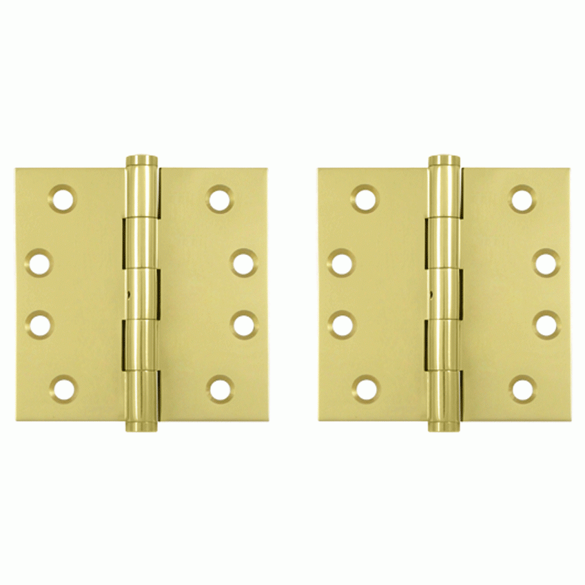 Pair 4 Inch X 4 Inch Non-Removable Pin Hinge Interchangeable Finials (Square Corner, Polished Brass Finish) DELTANA