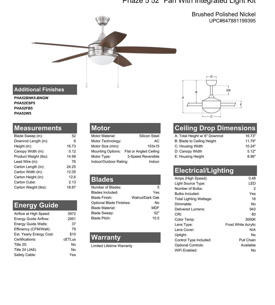 CRAFTMADE 52" Phaze 5 in Brushed Polished Nickel w/ Walnut/Dark Oak Blades