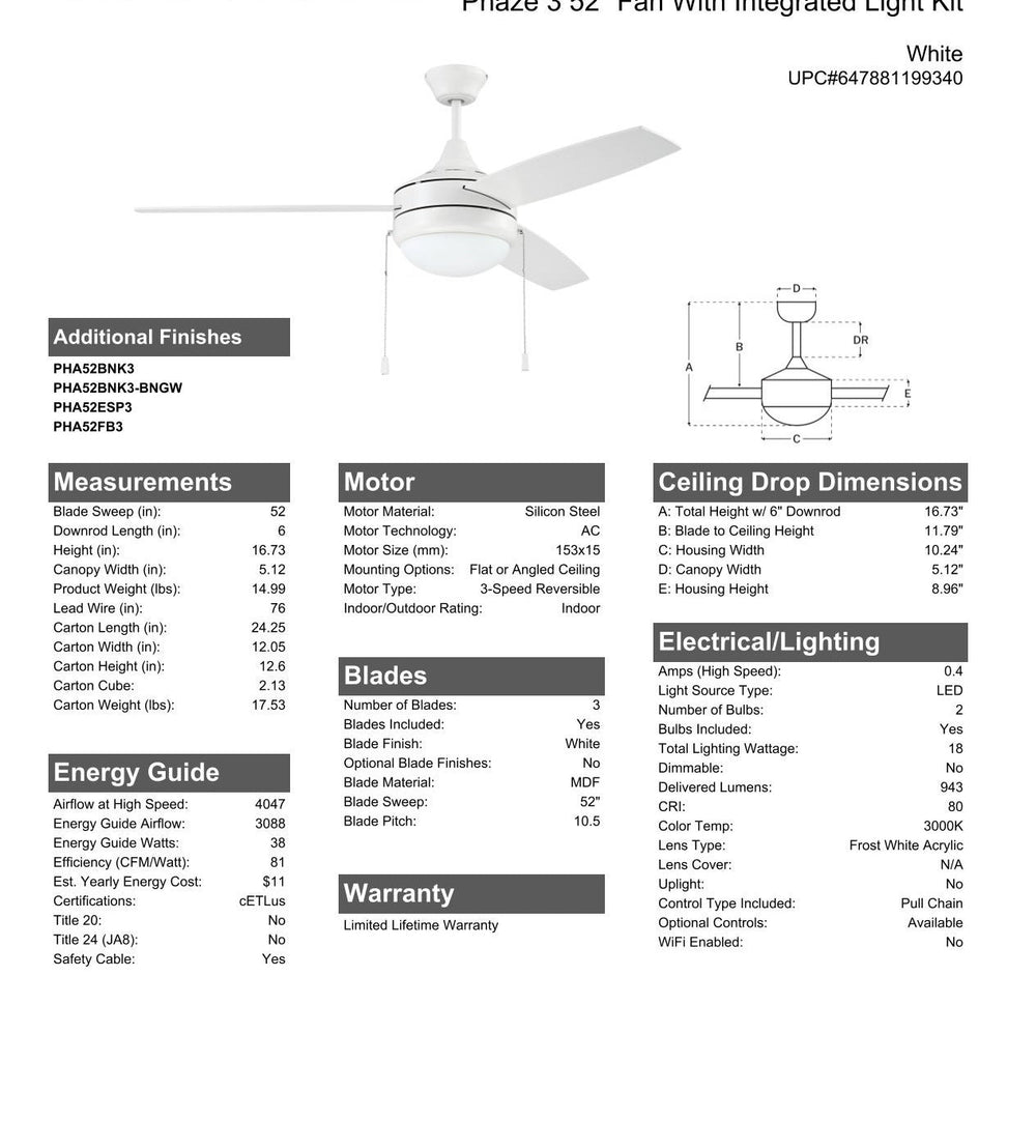 CRAFTMADE 52" Phaze 3 in White w/ White Blades