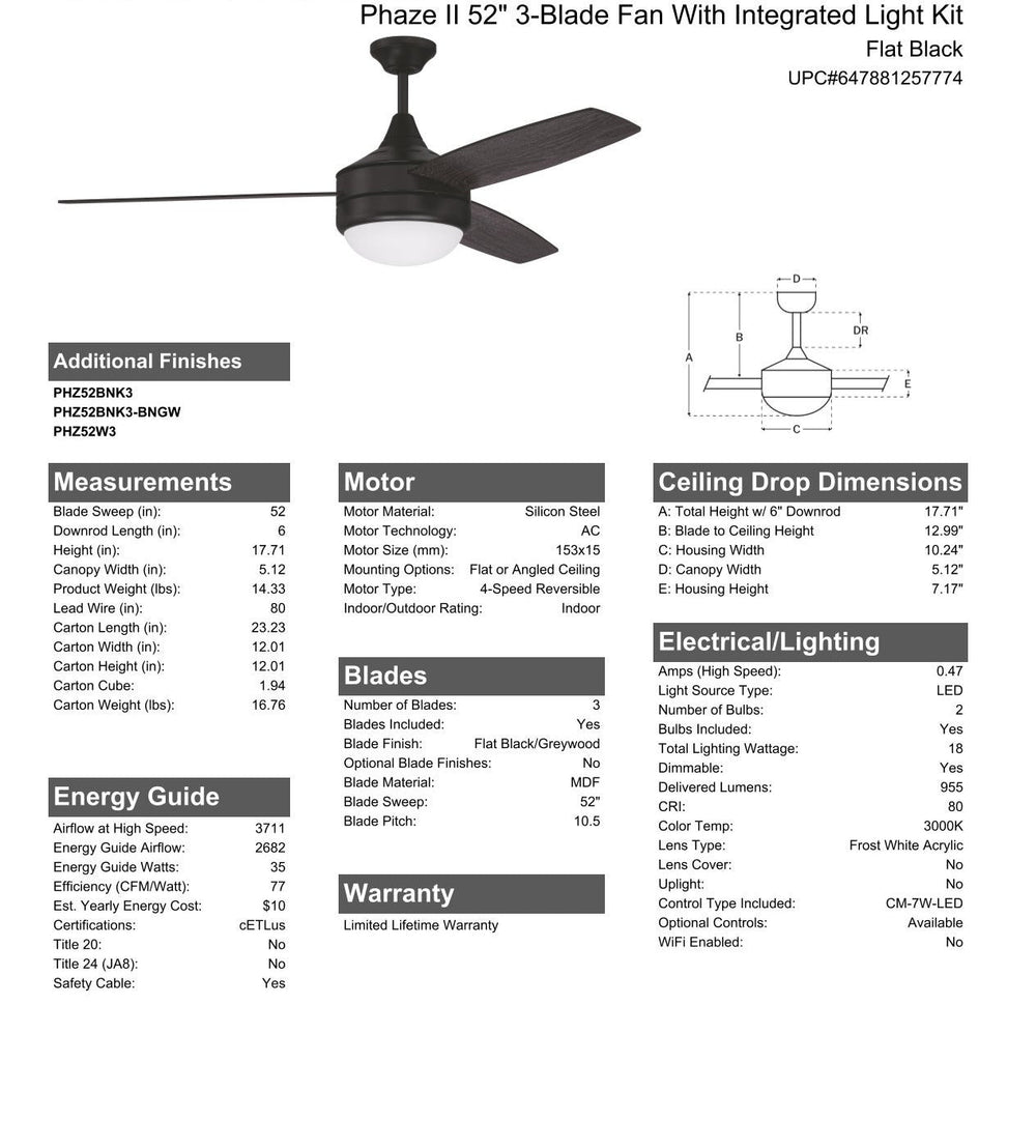 CRAFTMADE 52" Phaze II 3-Blade in Flat Black w/ Flat Black/Greywood Blades