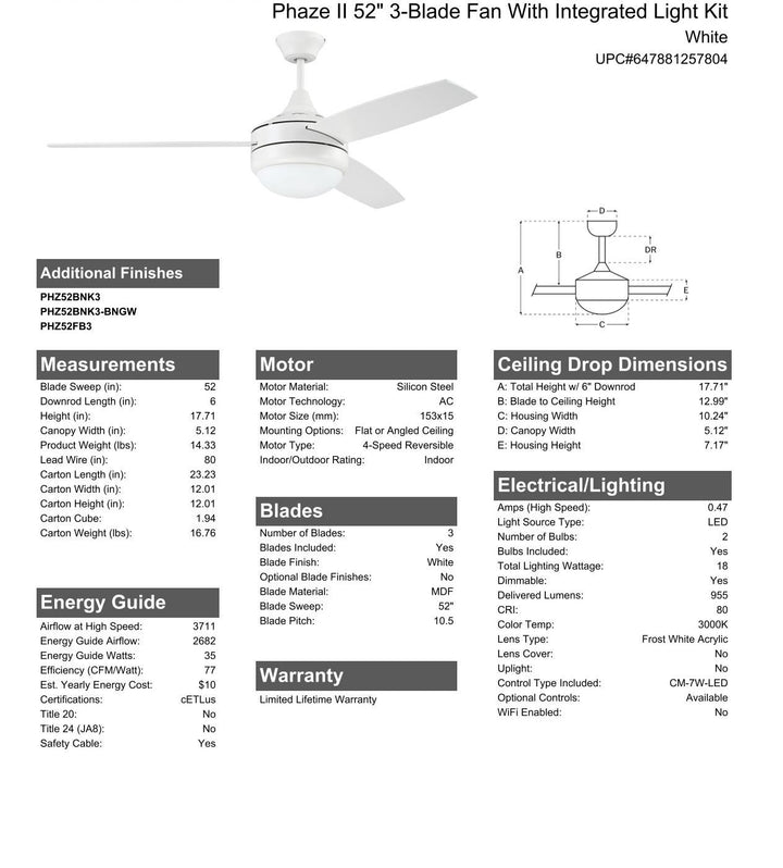 CRAFTMADE 52" Phaze II 3-Blade in White w/ White Blades