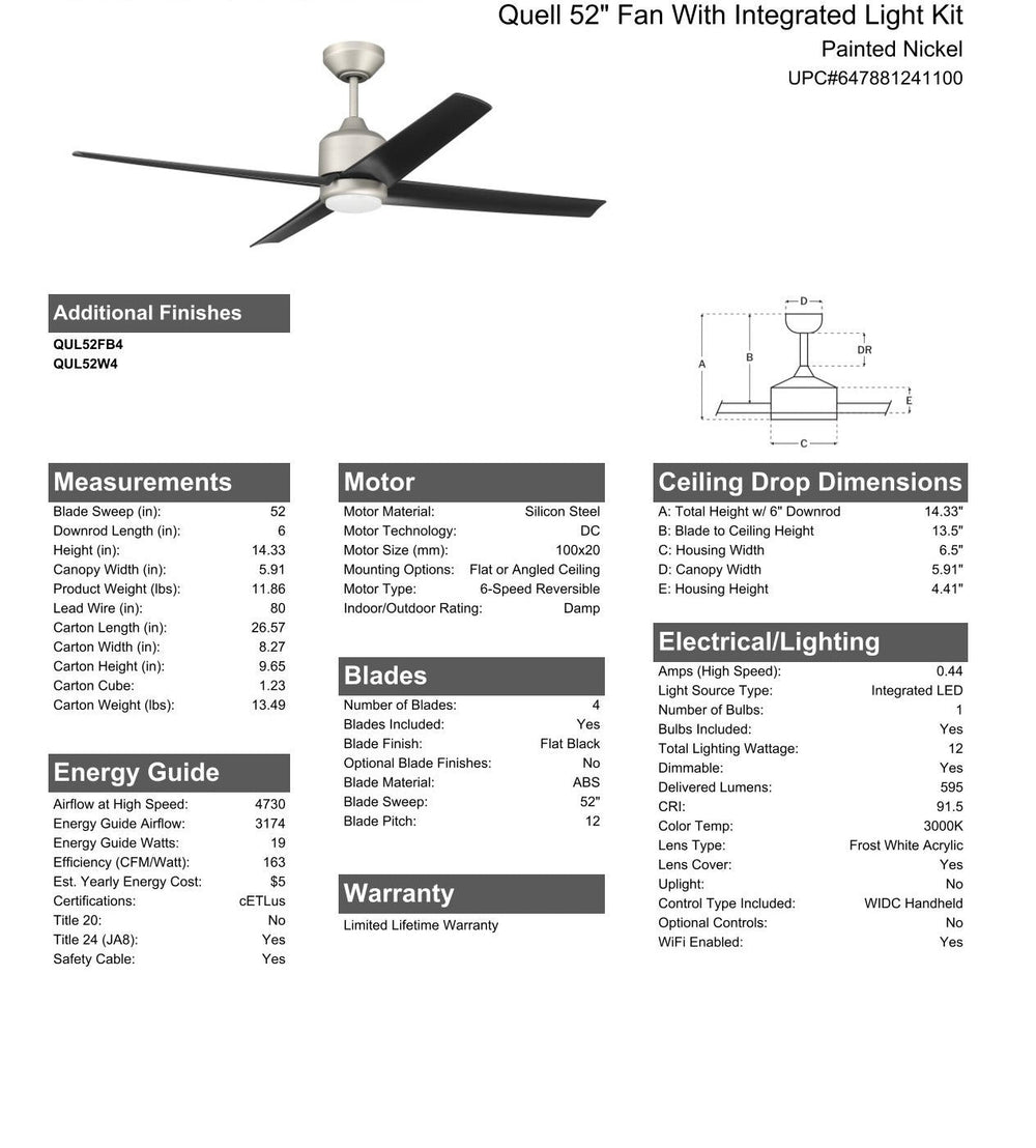 CRAFTMADE 52" Quell Fan, Painted Nickel Finish, Flat Black Blades. LED Light, WIFI and Control Included