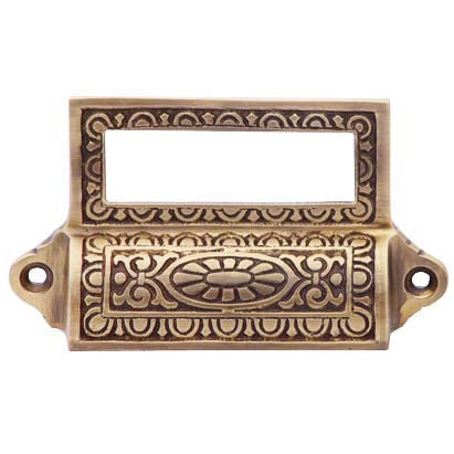 COPPER MOUNTAIN HARDWARE 4 1/8 Inch Overall (3 1/2 Inch c-c) Solid Brass Victorian Label Style Bin Pull (Antique Brass Finish)