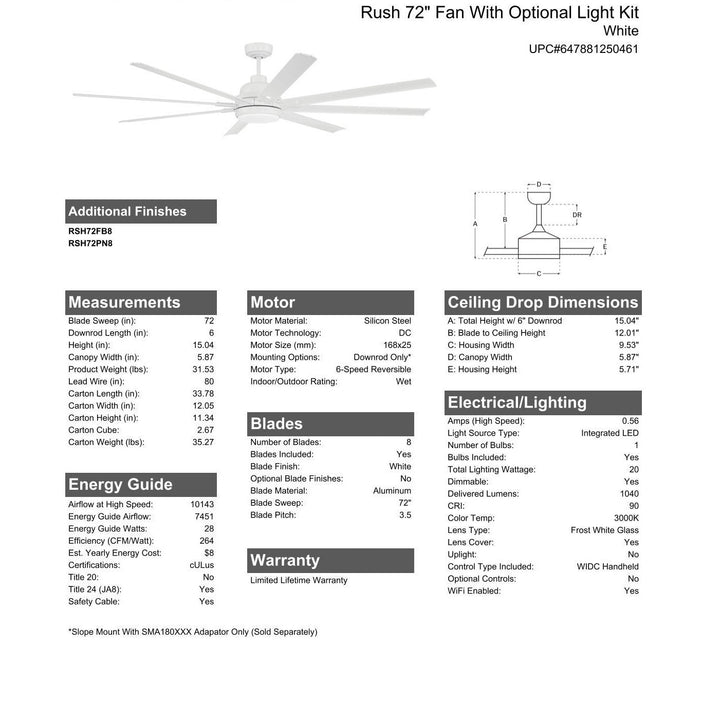 72" Rush in White w/ White Blades CRAFTMADE