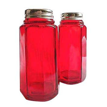 Copper Mountain Hardware Salt and Pepper Shakers - Ruby Red Glass Panel Pattern