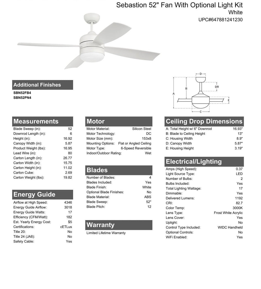 CRAFTMADE 52" Sebastion in White w/ White Blades