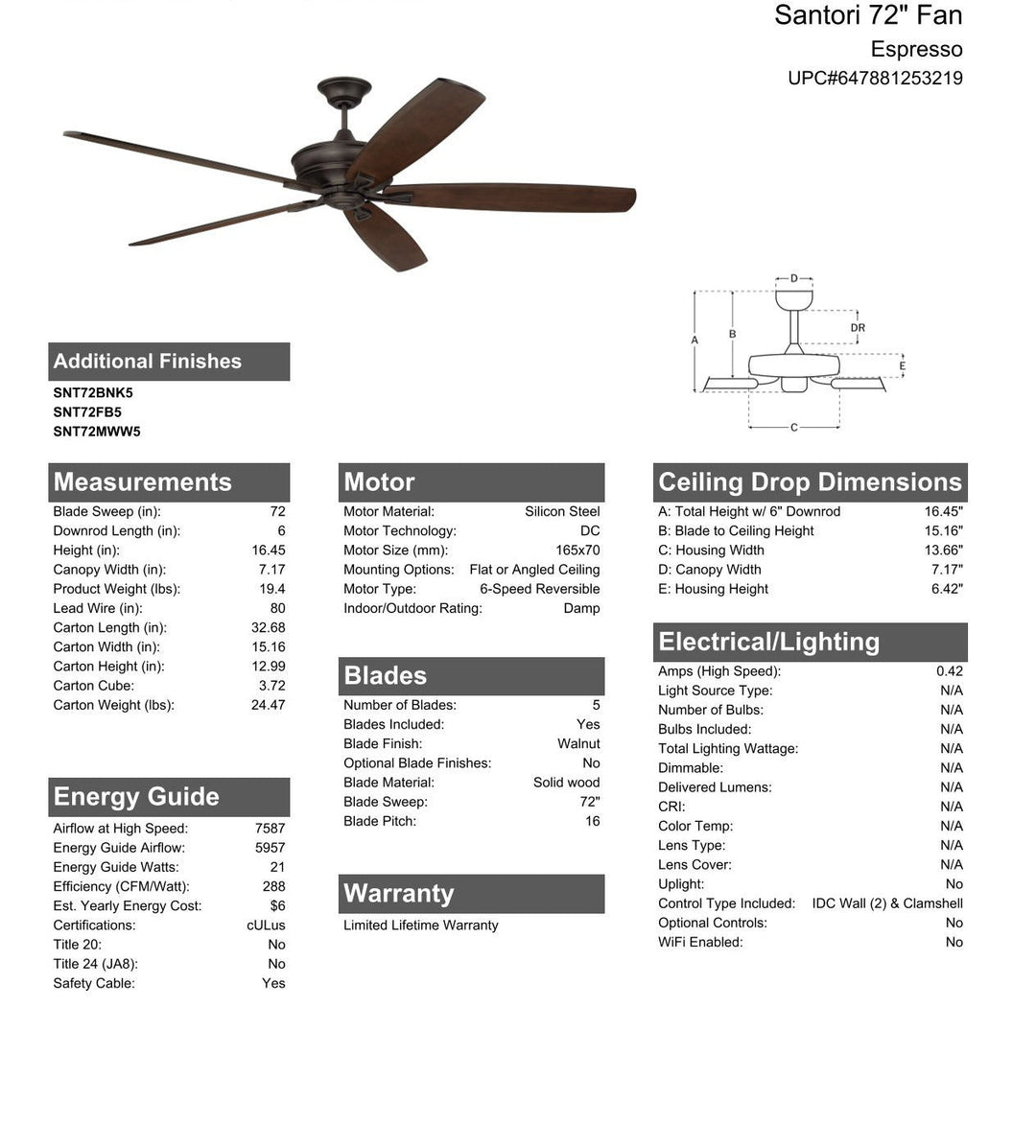 CRAFTMADE 72" Santori Indoor/Outdoor (Damp) in Espresso w/ Walnut Blades