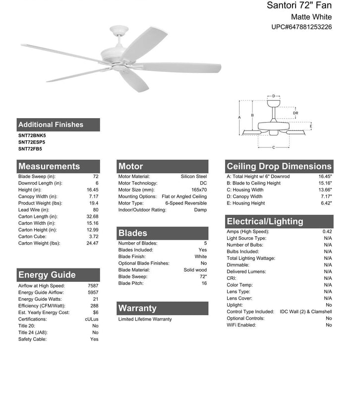 CRAFTMADE 72" Santori Indoor/Outdoor (Damp) in Matte White w/ White Blades