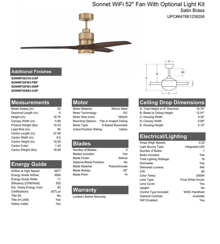 CRAFTMADE 52" Sonnet WiFi in Satin Brass w/ Walnut Blades