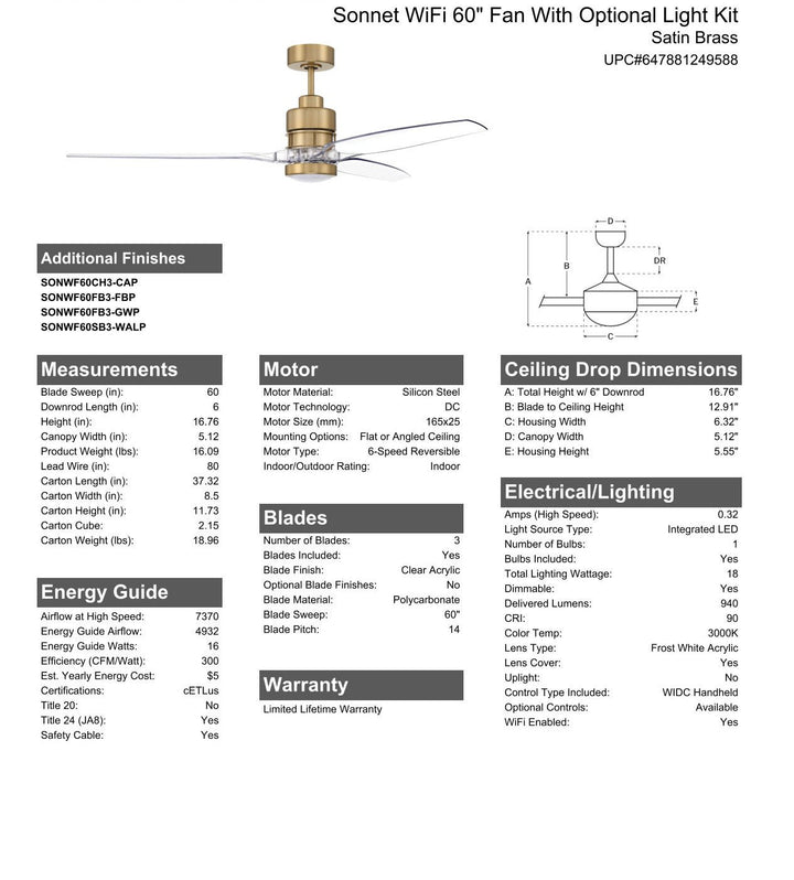 CRAFTMADE 60" Sonnet WiFi in Satin Brass w/ Clear Acrylic Blades