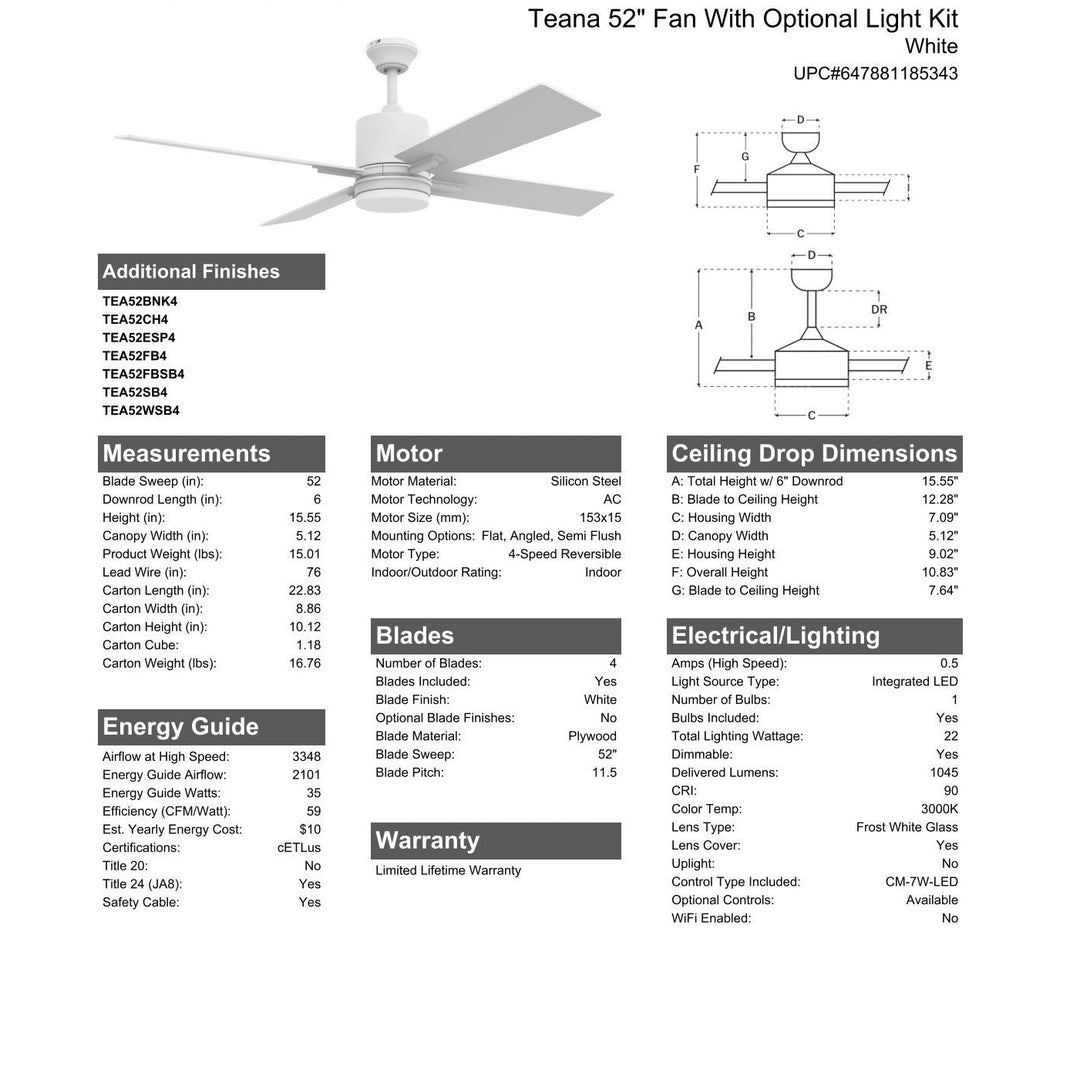 CRAFTMADE 52" Teana in White w/ White Blades