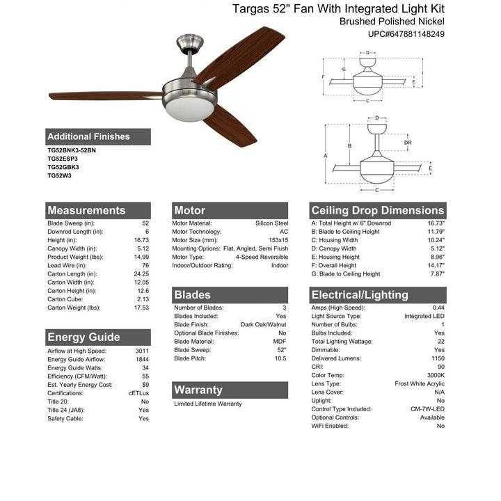 52" Targas in Brushed Polished Nickel w/ Dark Oak/Walnut Blades CRAFTMADE