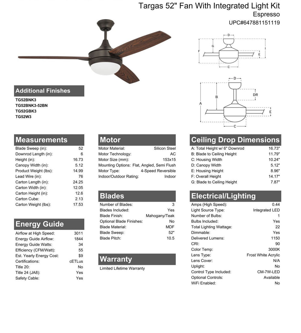 CRAFTMADE 52" Targas in Espresso w/ Mahogany/Teak Blades