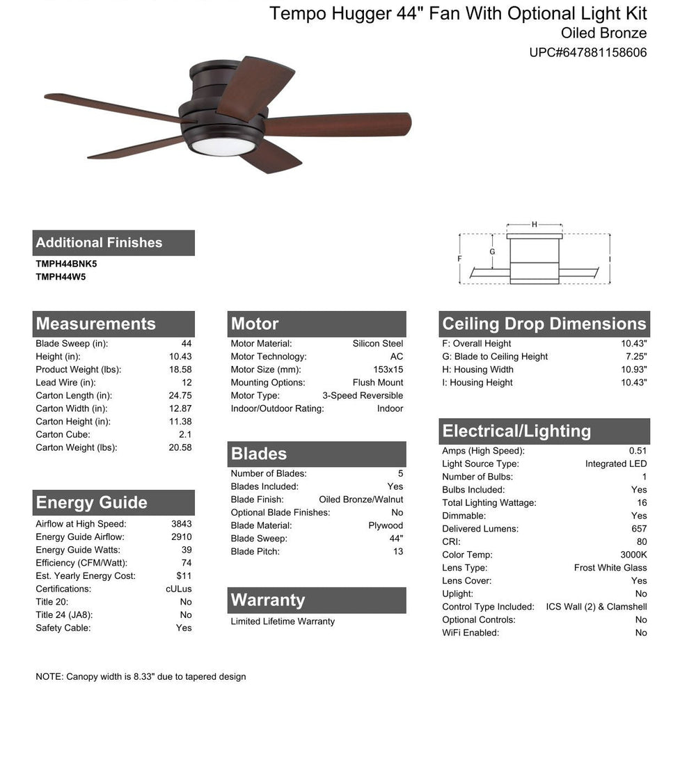 CRAFTMADE 44" Tempo Hugger in Oiled Bronze w/ Oiled Bronze/Walnut Blades