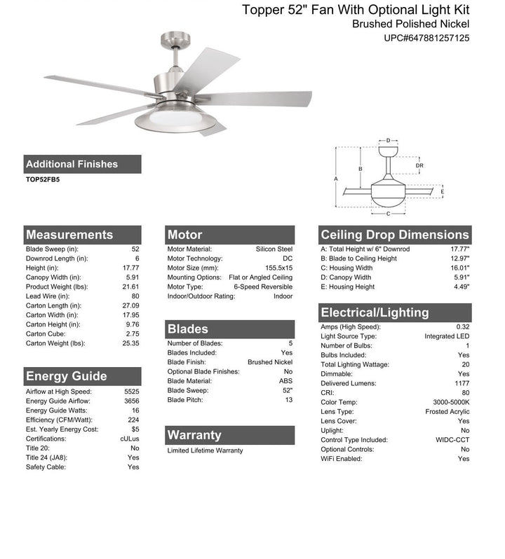 CRAFTMADE 52" Topper in Brushed Polished Nickel w/ Brushed Nickel Blades