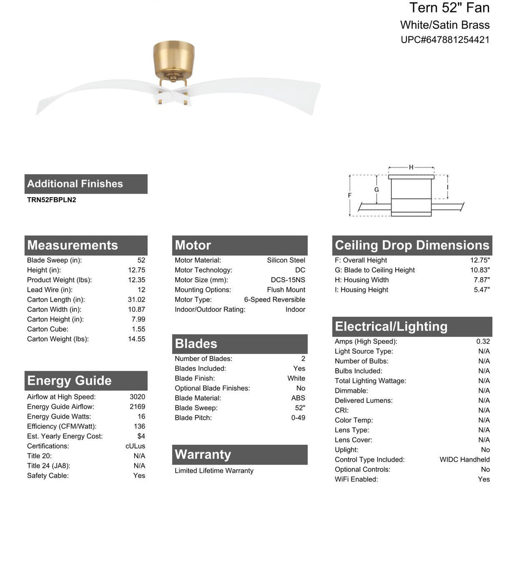 CRAFTMADE 52" Tern in White/Satin Brass w/ White Blades