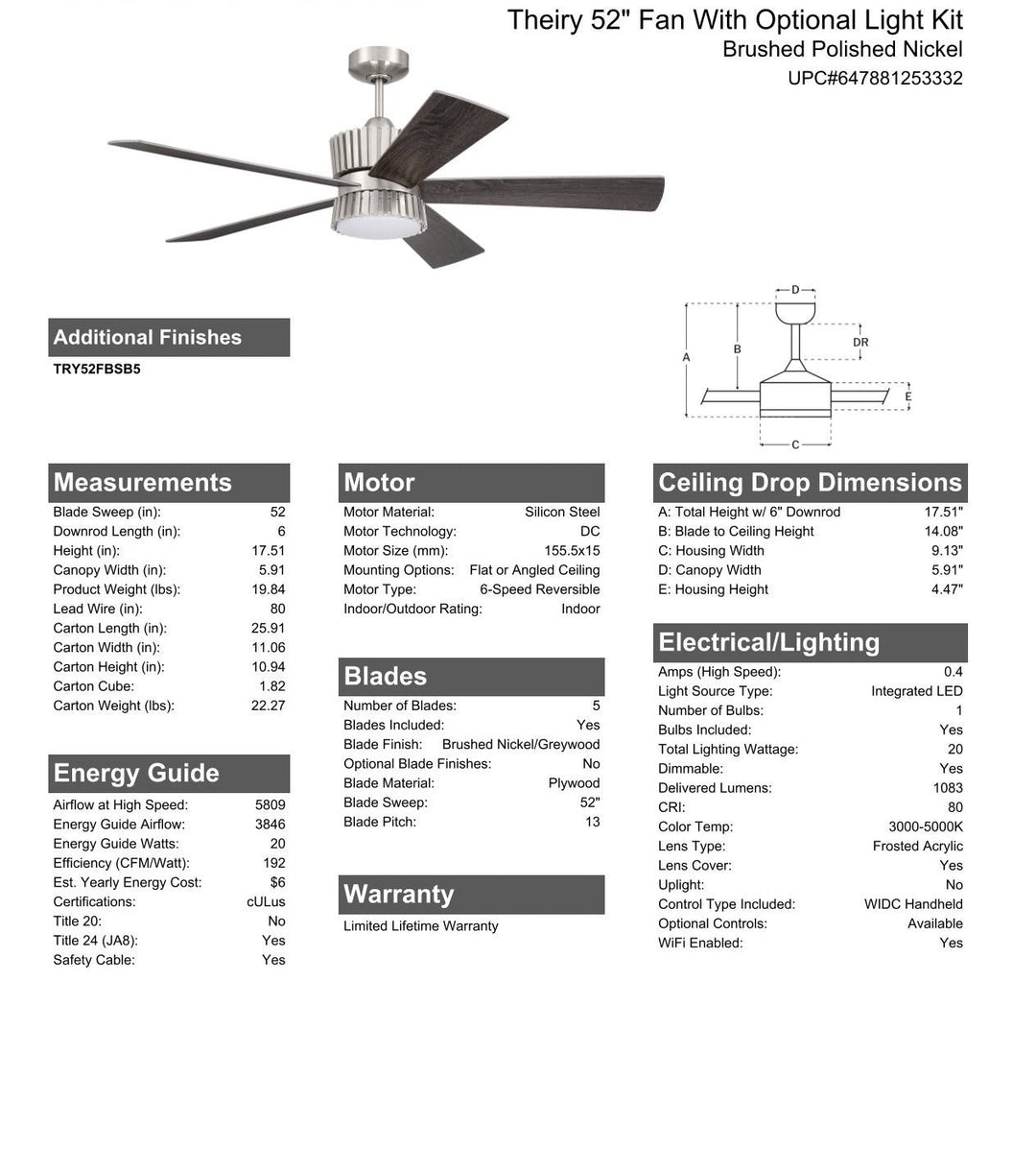 CRAFTMADE 52" Theiry in Brushed Polished Nickel w/ Brushed Nickel/Greywood Blades