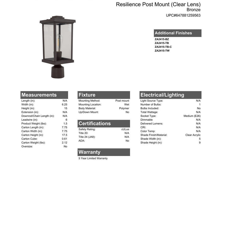 CRAFTMADE Resilience 1 Light Post Mount in Bronze