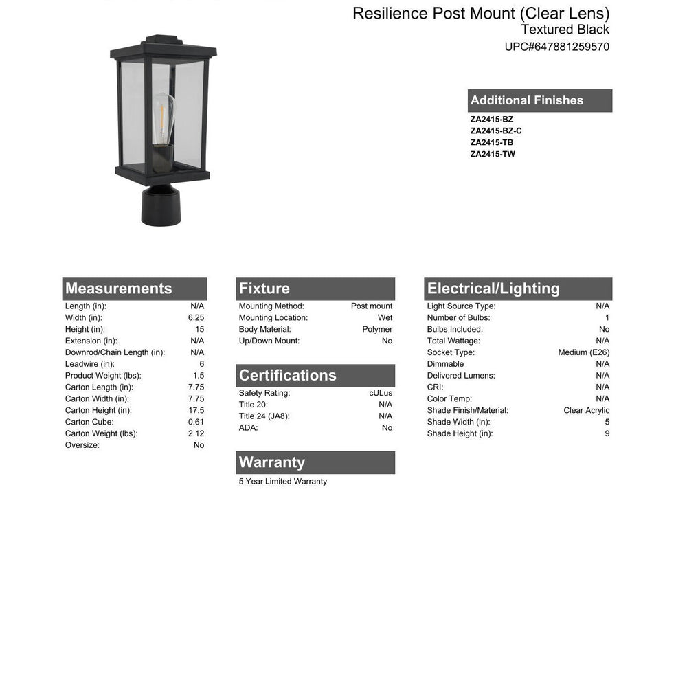 CRAFTMADE Resilience 1 Light Post Mount in Textured Black