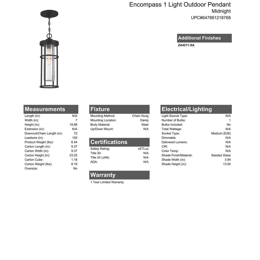 CRAFTMADE Encompass 1 Light Outdoor Pendant in Midnight