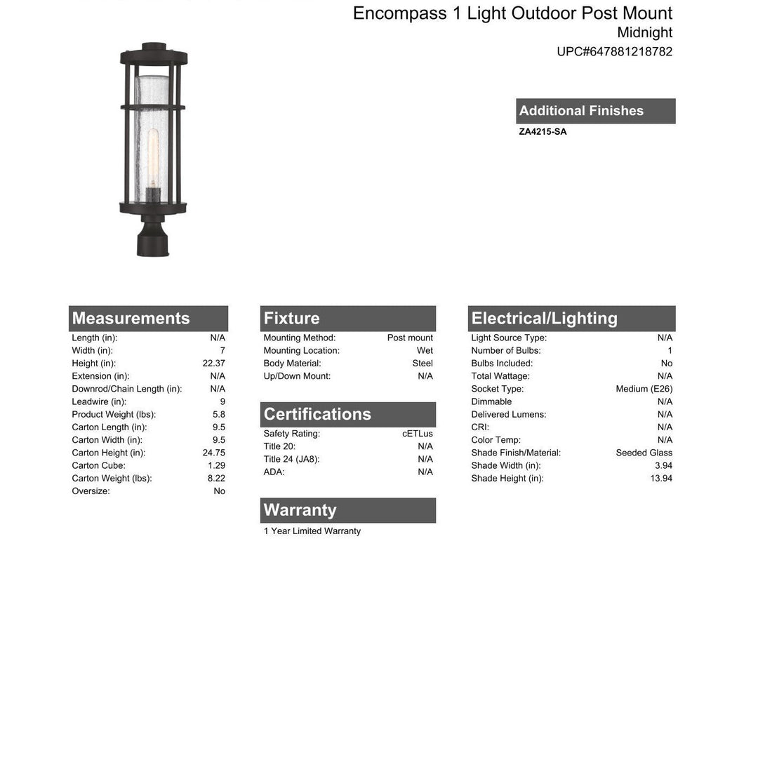 CRAFTMADE Encompass 1 Light Outdoor Post Mount in Midnight