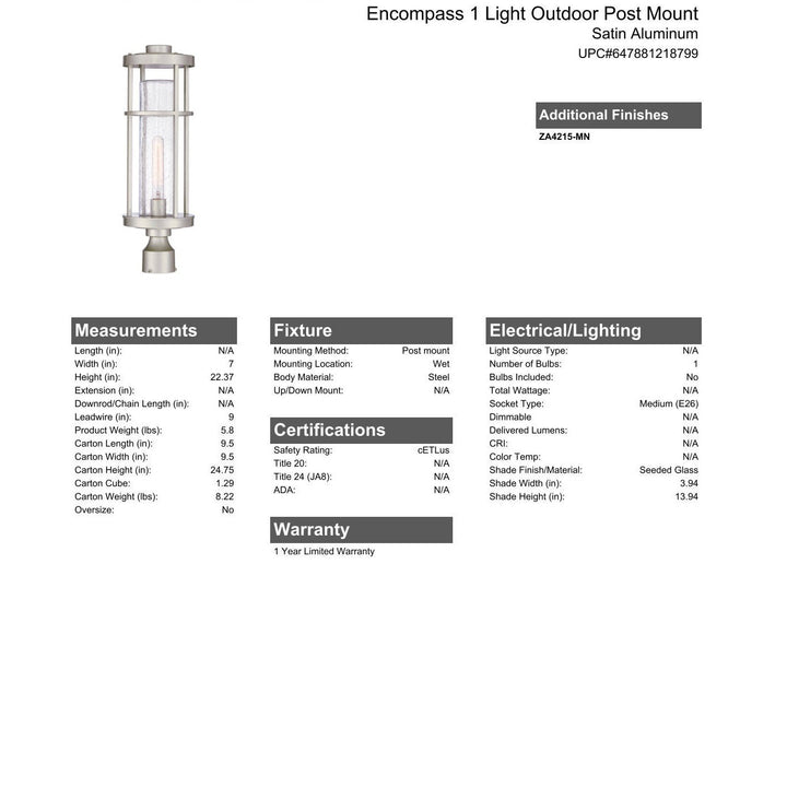 CRAFTMADE Encompass 1 Light Outdoor Post Mount in Satin Aluminum