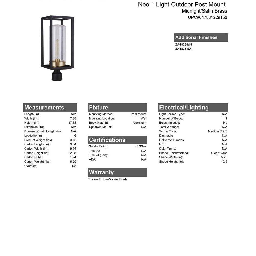 CRAFTMADE Neo 1 Light Outdoor Post Lantern in Midnight/Satin Brass