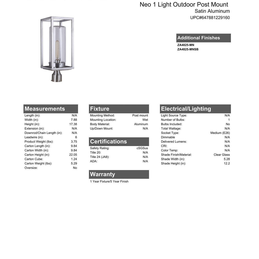 CRAFTMADE Neo 1 Light Outdoor Post Lantern in Satin Aluminum