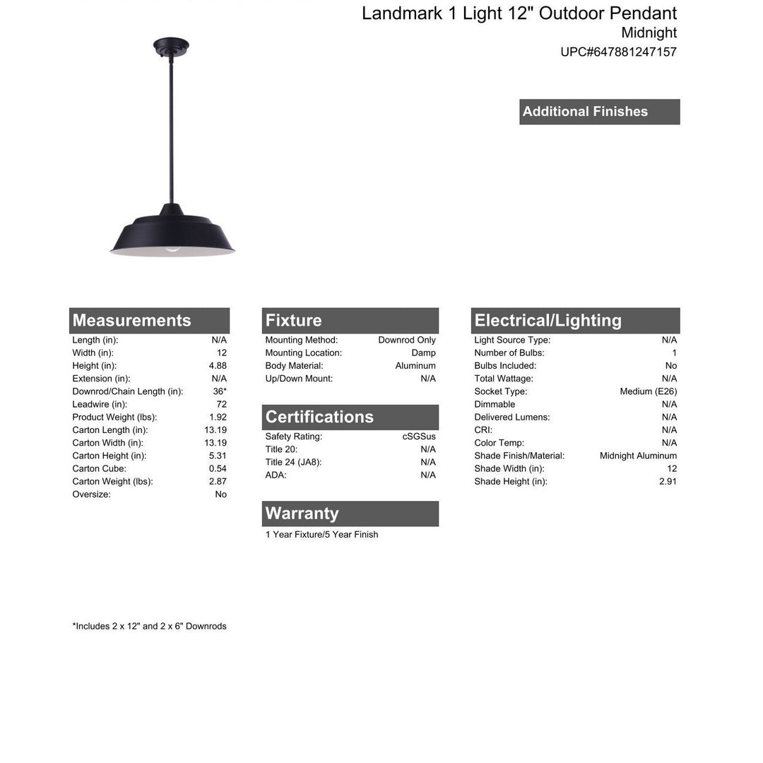 CRAFTMADE Landmark 1 Light 12" Outdoor Pendant in Midnight