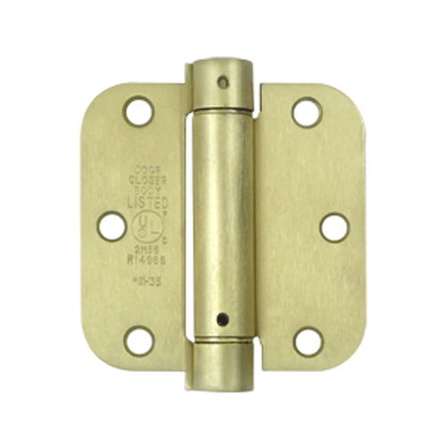 3 1/2 Inch x 3 1/2 Inch Steel Spring Hinge (5/8 Radius Corner, Brushed Brass Finish) DELTANA