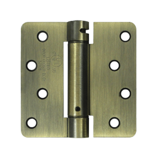 DELTANA 4 Inch x 4 Inch Steel Spring Hinge (1/4 Radius Corner, Antique Brass Finish)