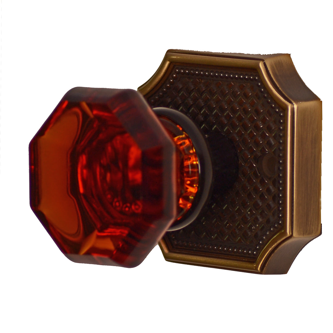 COPPER MOUNTAIN HARDWARE Amber Octagon Crystal Door Knob Set with Two-Tone Vintage Square Plate