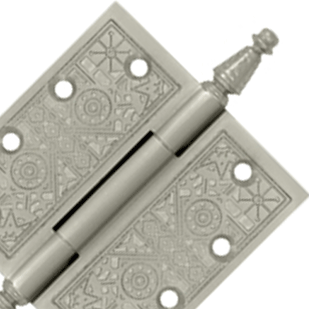 DELTANA 4 1/2 X 4 1/2 Inch Solid Brass Ornate Finial Style Hinge (Brushed Nickel Finish)