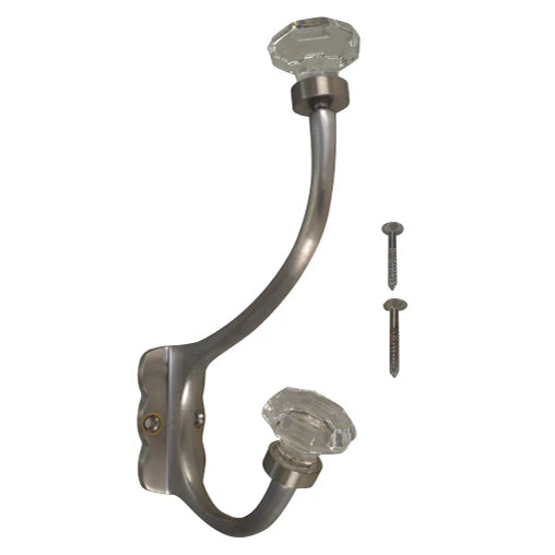 Copper Mountain Hardware 7 Inch Solid Brass Coat Hook & Octagonal Clear Glass Knobs (Brushed Nickel Finish)