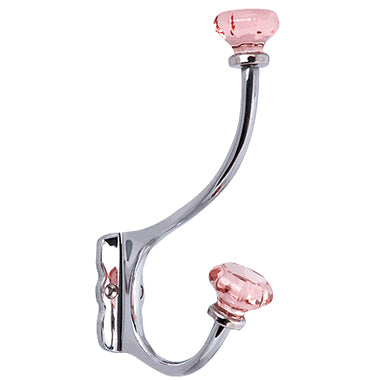 Copper Mountain Hardware 7 Inch Solid Brass Coat Hook & Old Town Pink Glass Knobs (Polished Chrome Finish)