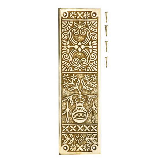 10 Inch Broken Leaf Pattern Solid Brass Push Plate (Lacquered Brass Finish) COPPER MOUNTAIN HARDWARE