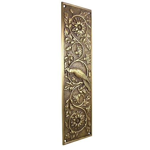 COPPER MOUNTAIN HARDWARE 11 1/4 Inch Cockateel Bird and Flower Push Plate Antique Brass Finish