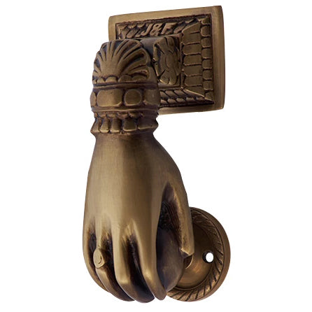 COPPER MOUNTAIN HARDWARE 4 1/2 Inch (3 1/2 Inch c-c) Solid Brass Ball-in-Hand Door Knocker (Antique Brass Finish)