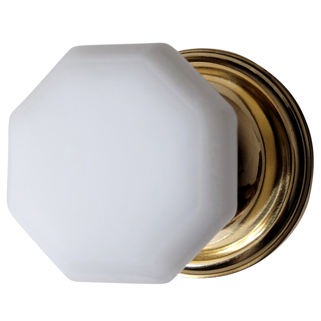 COPPER MOUNTAIN HARDWARE White Milk Glass Octagon Door Knob Set with Traditional Rosette (Several Finishes Available)