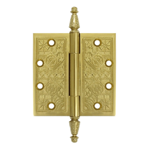 DELTANA 4 1/2 X 4 1/2 Inch Solid Brass Ornate Finial Style Hinge (PVD Polished Brass Finish)