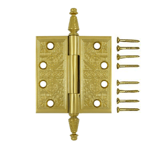 4 1/2 X 4 1/2 Inch Solid Brass Ornate Finial Style Hinge (PVD Polished Brass Finish) DELTANA