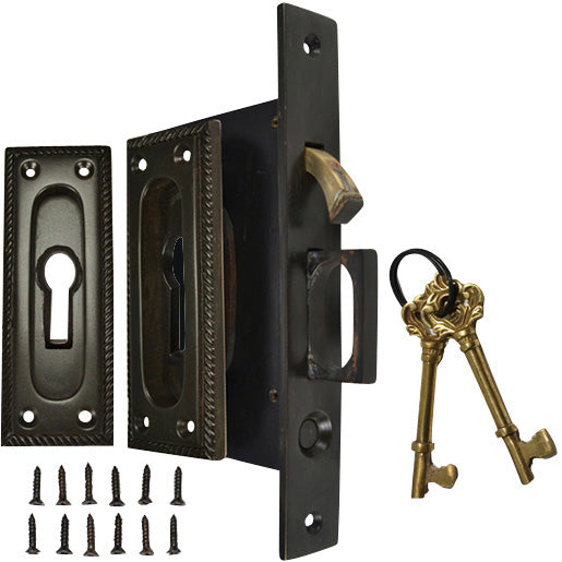 COPPER MOUNTAIN HARDWARE Georgian Square Pattern Single Pocket Privacy (Lock) Style Door Set (Oil Rubbed Bronze)